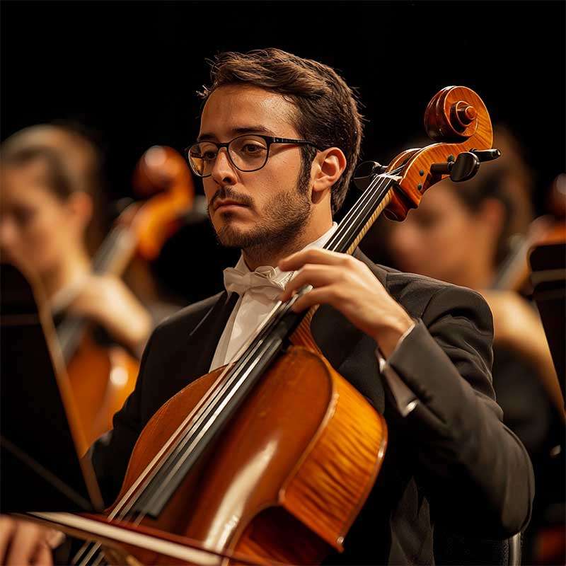 Violoncelliste à lunettes et en costume, avec nœud papillon blanc